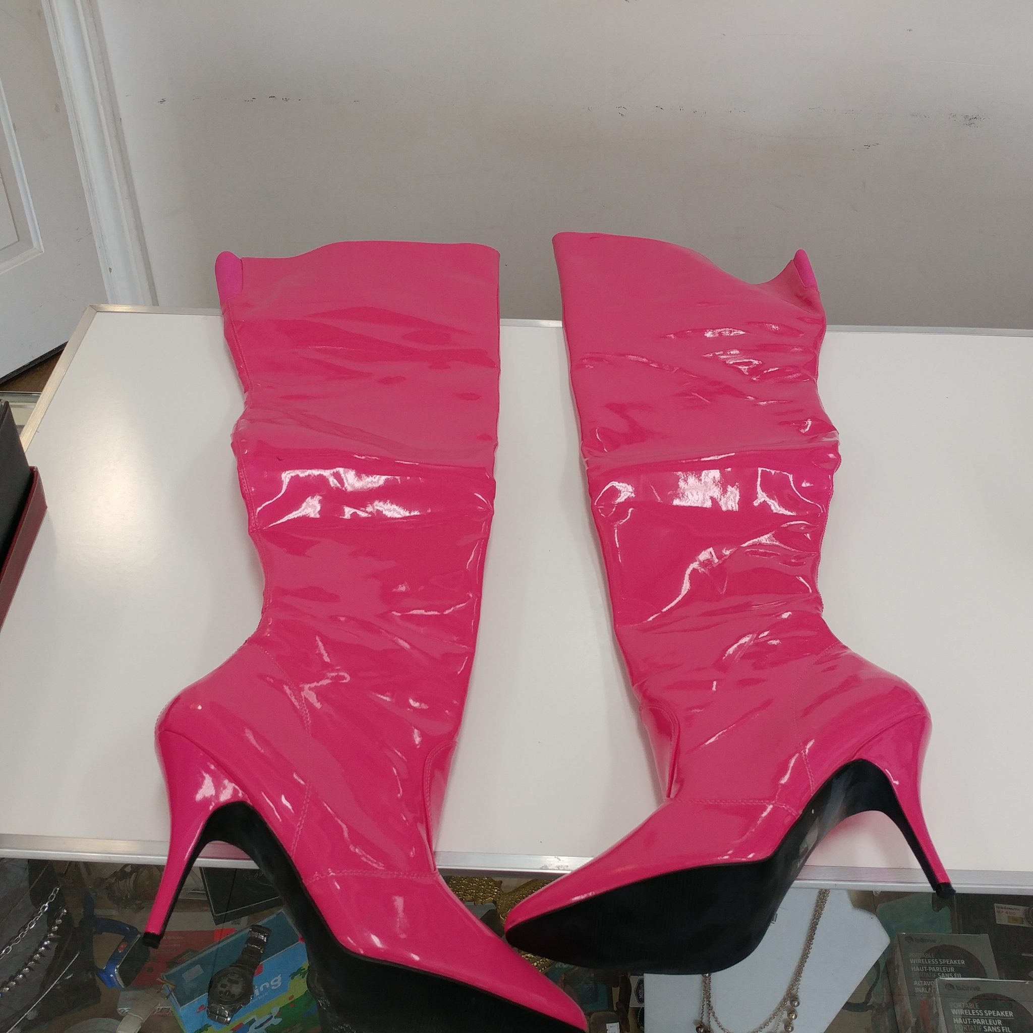 Pleaser Pink Thigh High 5″ Stiletto Boots Size 15 – Milton Wares